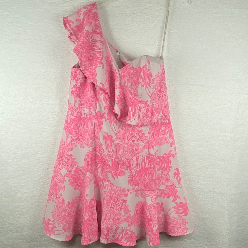 Lilly Pulitzer Pink Tropical Toile One Shoulder Ruffle Mini Dress Size 16 015873 - Picture 3 of 12